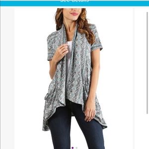 Pretty Young Thing- open shawl collar cardigan blue/black geometric print NWT
